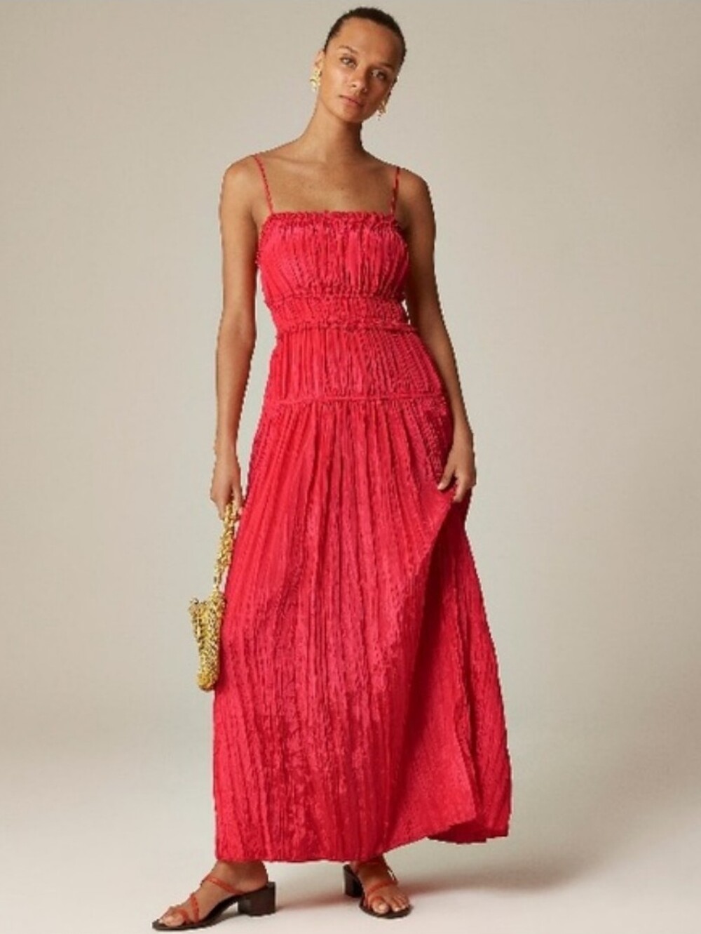 J.crew Crinkle Ruffle Trim Midi Dress Strawberry Sunrise Pink Shimmer Size XS